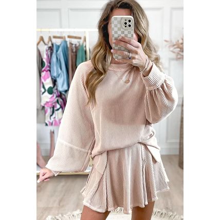 Jet Stream Corded Lantern Sleeve Top High Waist Ruffled Mini Skirt Set