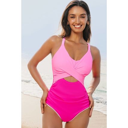 Rose Red Ric Rac Trim Contrasted Patchwork Cutout One Piece Swimsuit