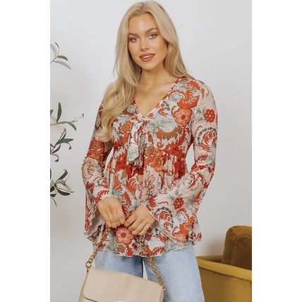 Orange Floral Print Deep V Neck Knot Bell Sleeve Blouse