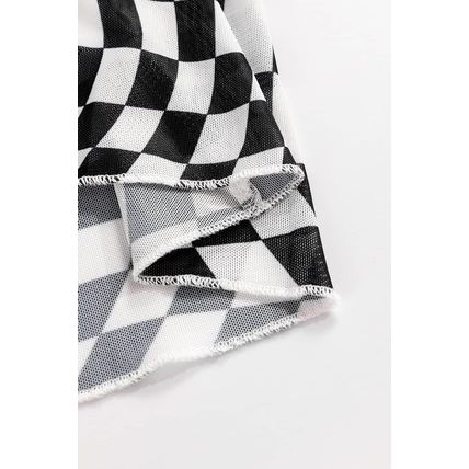 Black Checkered Pattern Mesh Mock Neck Long Sleeve Top