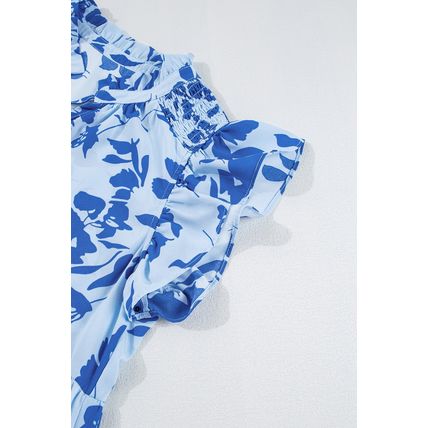 Sky Blue Floral Print Tiered Frilled Trim Flutter Sleeve Maxi Dress