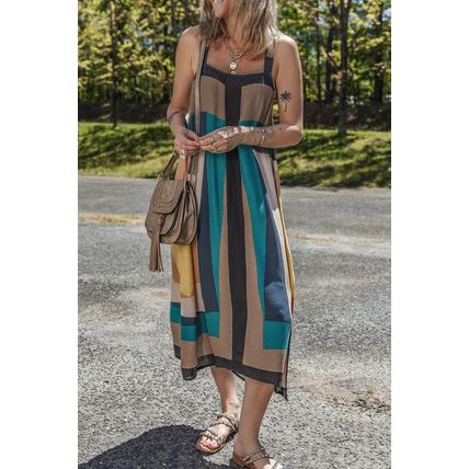 Brown Retro Geometric Printed Y Back Sleeveless Dress