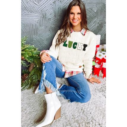 White LUCKY Chenille Embroidered Cable Knit Pullover Sweatshirt