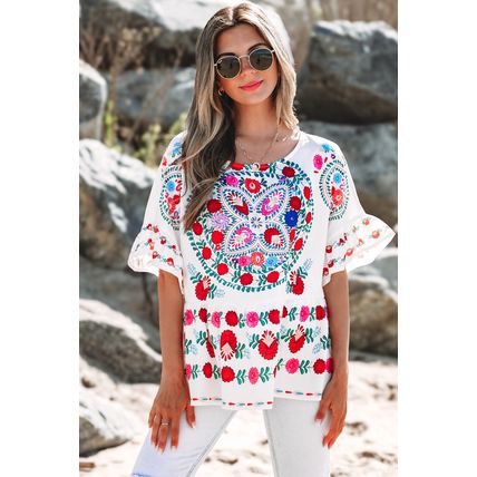 White Boho Floral Print Round Neck Ruffle Trim Blouse