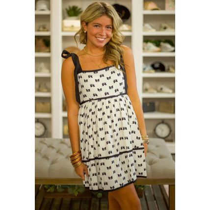 White Bow Knot Color Contrast Trim Knotted Shoulder Mini Dress