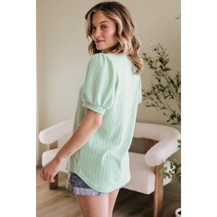 Mist Green Textured Round Neck Short Puff Sleeve Top