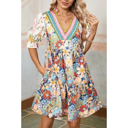 Multicolour Boho Floral Print Crochet Patchwork V Neck Loose Mini Dress
