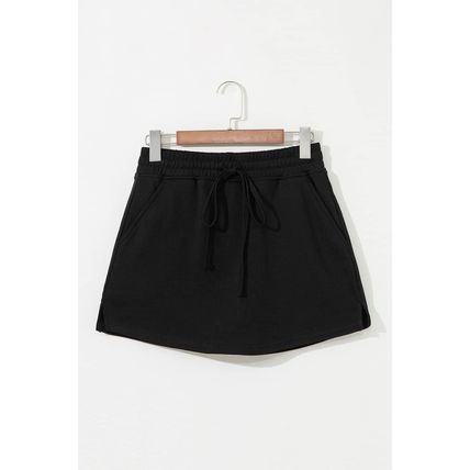 Black French Terry Drawstring Mini Skort with Pockets