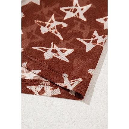 Red Mesh Star Print Mock Neck Sheath Long Sleeve Top