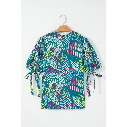 Green Abstract Print Knotted Short Sleeve Plus Size Blouse