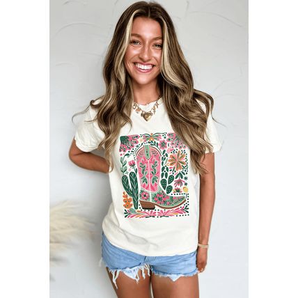 White Western Boot Flower Print Crew Neck Loose Tee
