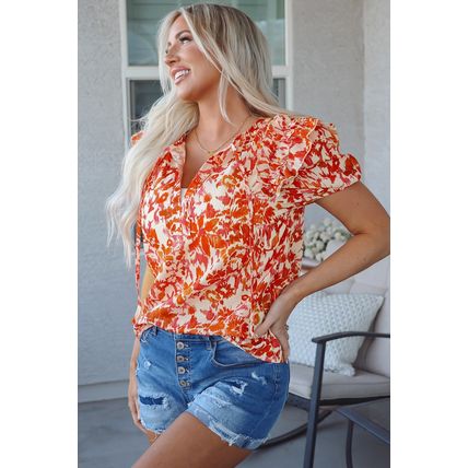 Orange Floral Print Ruffled Short Puff Sleeve Split Neck Blouse