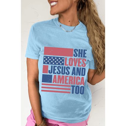 Light Blue SHE LOVES JESUS AND AMERICA TOO Flag Graphic T Shirt