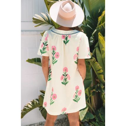 Apricot Floral Short Sleeve Split Neck Loose Mini Dress
