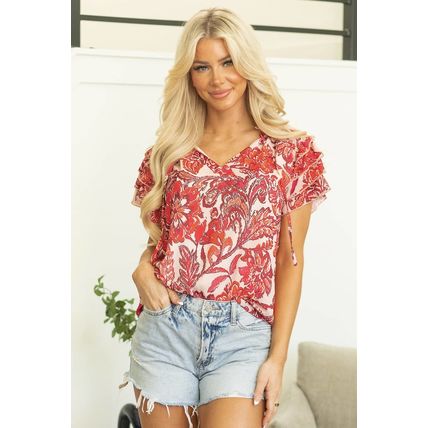 Red Vintage Floral Ruffle Sleeve V Neck Blouse