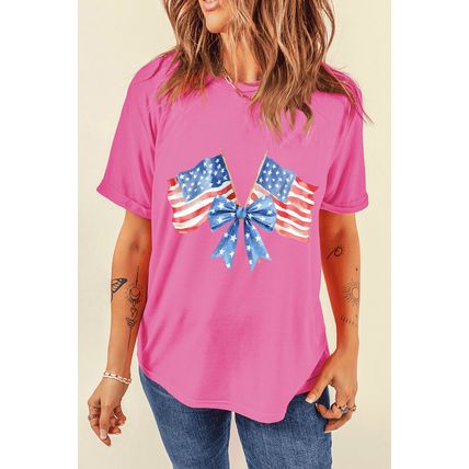 Sachet Pink Dual American Flag Bow Printed Casual T Shirt