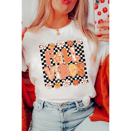 White FALL VIBES Cute Graphic Heat Transfer Tee