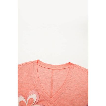 Fresh Salmon Floral Patchwork V Neck Long Sleeve T Shirt
