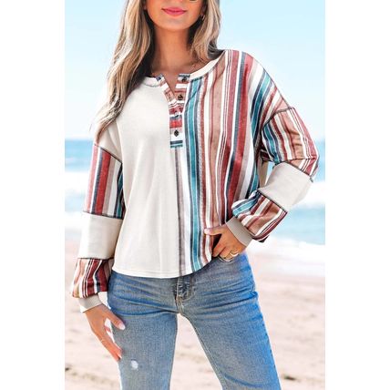 Beige Striped Waffle Patchwork Exposed Seam Raw Edge Casual Knit Top