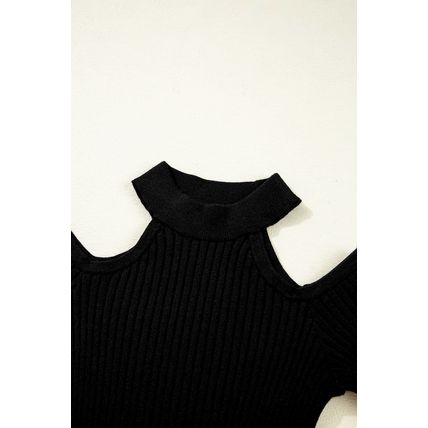 Black Ribbed Knit Cold Shoulder Choker Neck Sweater