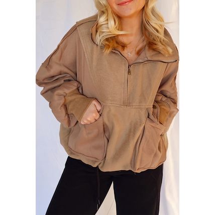 Camel Exposed Seam Side Pockets Half Zipper Baggy Sweatshirt