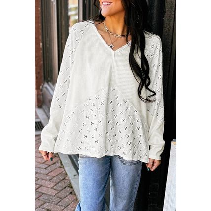 White Twisted Rib Patchwork Embroidered Loose V Neck Long Sleeve Top