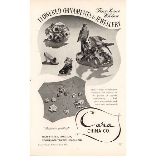 cara china company 1953 flowered ornaments jewelry pottery vintage ad