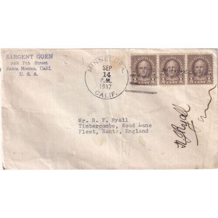 United States 1937 Minnelusa CAL-Fleet UK Cover Minnelusa cancel typed