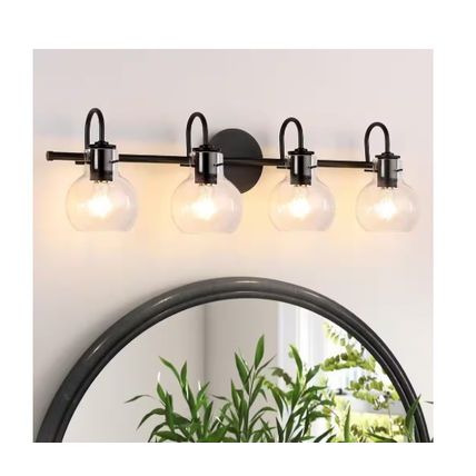 JUSHENG 28.5 in. 4-Light Black Bathroom Vanity Light with Clear Glass Shades