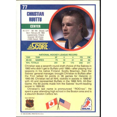 1990/91 Score Hockey Christian Ruuttu