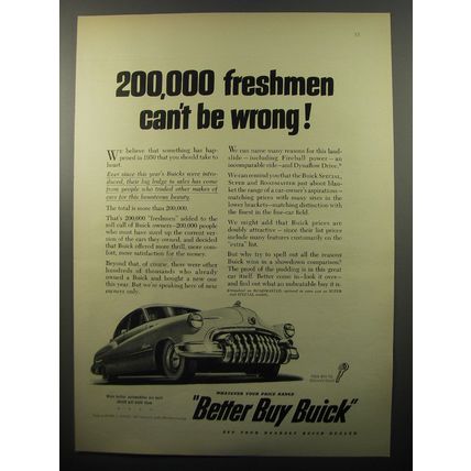 1950 Buick Car Ad - 200,000 freshmen can't be wrong