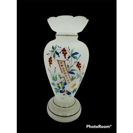 Vase Victorian Bristol Opaline Floral Hand Blown & Hand-Painted on White Decor