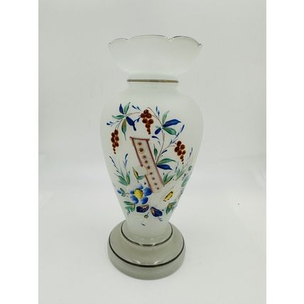 Vase Victorian Bristol Opaline Floral Hand Blown & Hand-Painted on White Decor