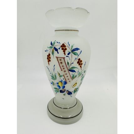 Vase Victorian Bristol Opaline Floral Hand Blown & Hand-Painted on White Decor