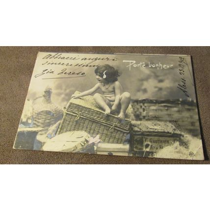 Early Italian Postcard -Porte Bonheur / Lucky Charm - Child in luggage