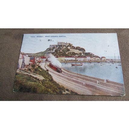 1928 fr Postcard - Mont Orgueil Castle with Steam Locomotive Train - Jersey