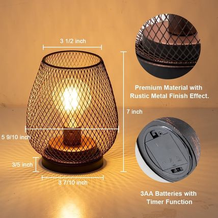 DECORKEY Set of 2 Battery Operated Lamp LED Table Lantern, Brown Metal Cage Cord
