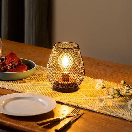 DECORKEY Set of 2 Battery Operated Lamp LED Table Lantern, Brown Metal Cage Cord