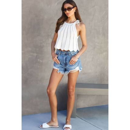 White Tie Straps Wave Stripes Textured Eyelet Knitted Vest