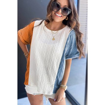 Light Blue Textured Color Block Loose Fit T Shirt