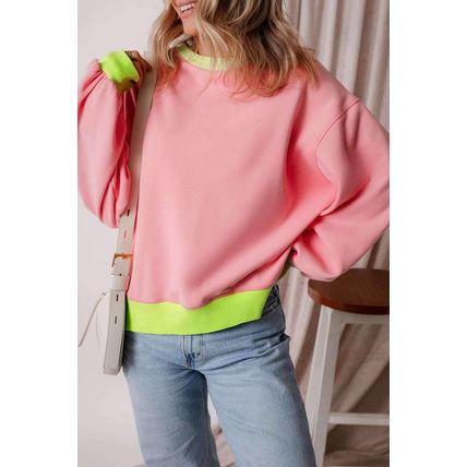 Pink Colorblock Bubble Sleeve Sweatshirt