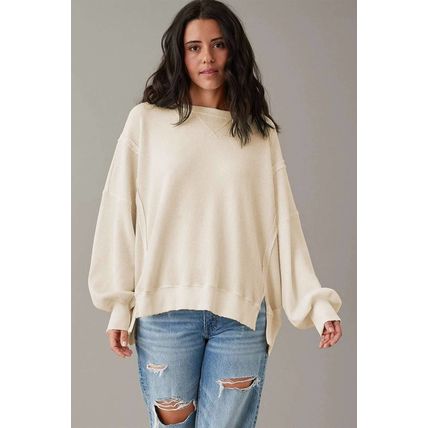 White Waffle Knit Bishop Sleeve Split Oversized Sweatshirt