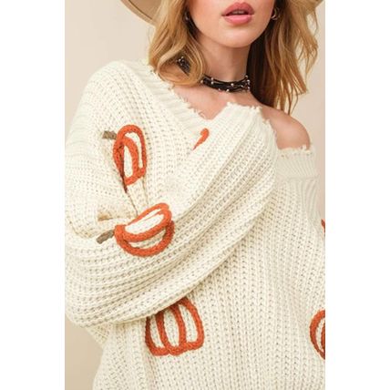 Beige Cable Knit Pumpkin Raw Hem V Neck Loose Sweater