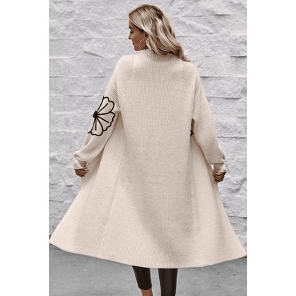 Beige Flower Embroidered Drop Shoulder Open Front Duster Cardigan