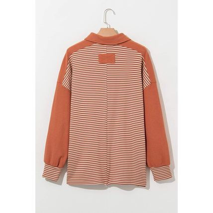 Red Stripe Textured Patched Drop Shoulder Buttoned Plus Size Sweatshirt