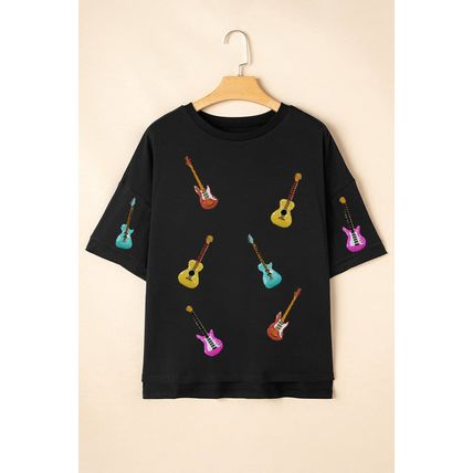 Black Music Lovers Sequined Guitars Dropped Shoulder T Shirt