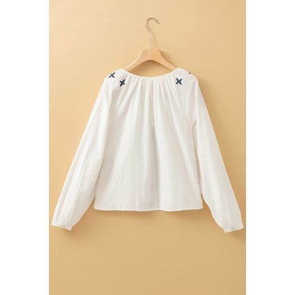 White Geometric Embroidered Long Sleeve Buttoned Blouse