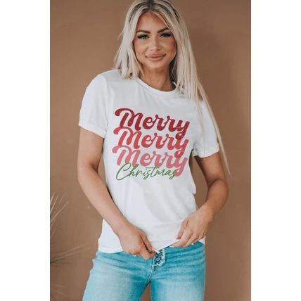 White Merry Christmas Crew Neck Graphic Tee