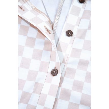 Apricot Checkered Print Buttoned Crew Neck Wide Leg Jumpsuit