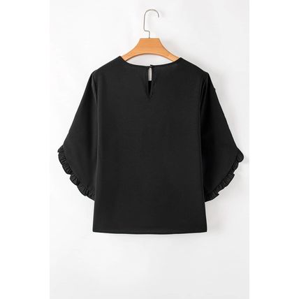 Black Ruffle Trimmed 3/4 Sleeve Round Neck Blouse